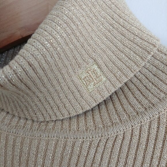 Ralph Lauren gold tan metallic ribbed cotton turtleneck sweater PP - Picture 4 of 13